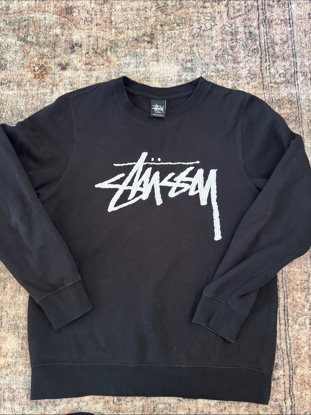 Stussy Black Crewneck Sweatshirt with White Script Logo